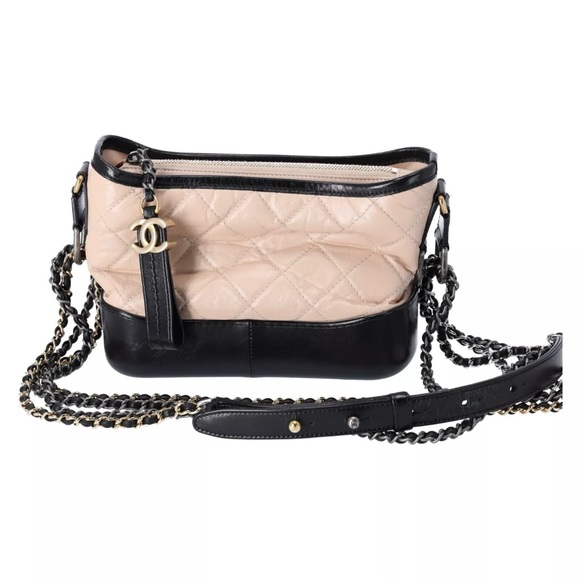 Chanel Small Gabrielle Hobo Bag Black Tan Beige Aged Calfskin Quilted Leather - Picture 9 of 12